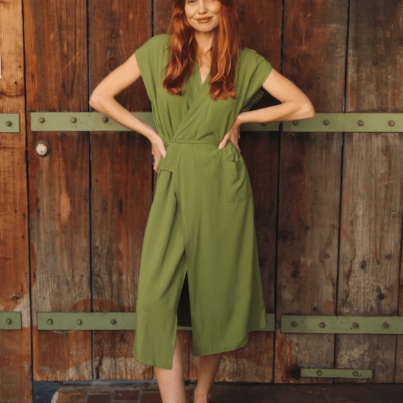 NWT Oddbird Aydın Reversible House Dress Wrap Dress Olive Green Plaid Gingham XS - Picture 5 of 9